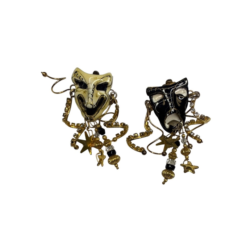 VTG Lunch at the Ritz Comedy Tragedy Mask Clip Earrings Signed Rhinestone LATR